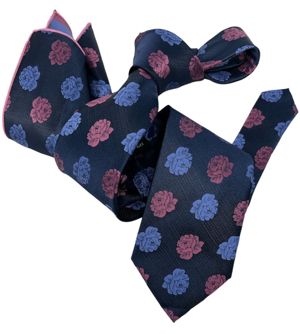 DMITRY Men's Navy Patterned Italian Silk Tie & Pocket Square Set