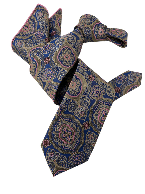 DMITRY Men's Blue Patterned Italian Silk Tie & Pocket Square Set - Limited Edition