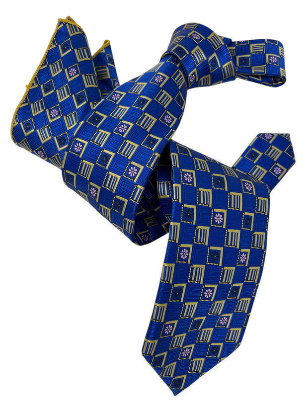 DMITRY Men's Royal Blue Patterned Italian Silk Tie & Pocket Square Set - Limited Edition