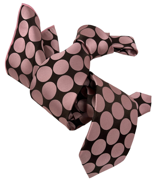 DMITRY 7-Fold Men's Pink/Brown Polka Dot Italian Silk Tie & Pocket Square Set