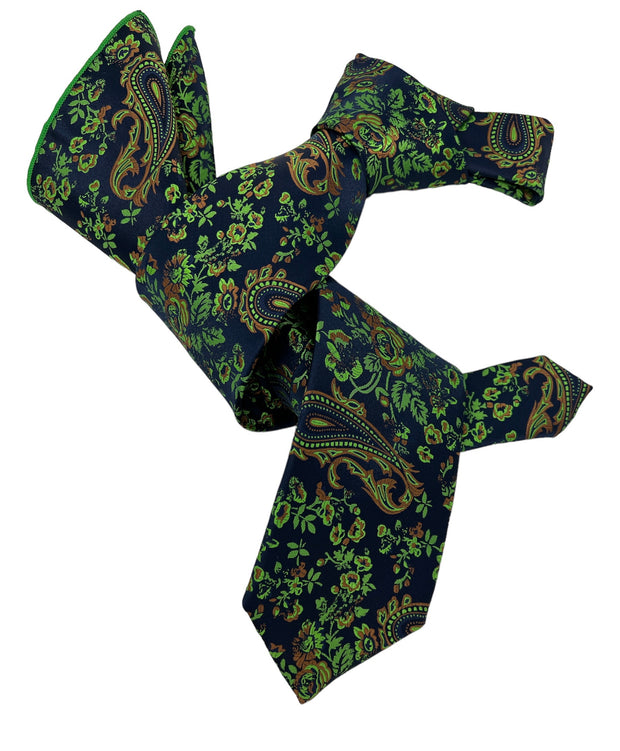 DMITRY 7-Fold Men's Green/Navy Patterned Italian Silk Tie & Pocket Square Set