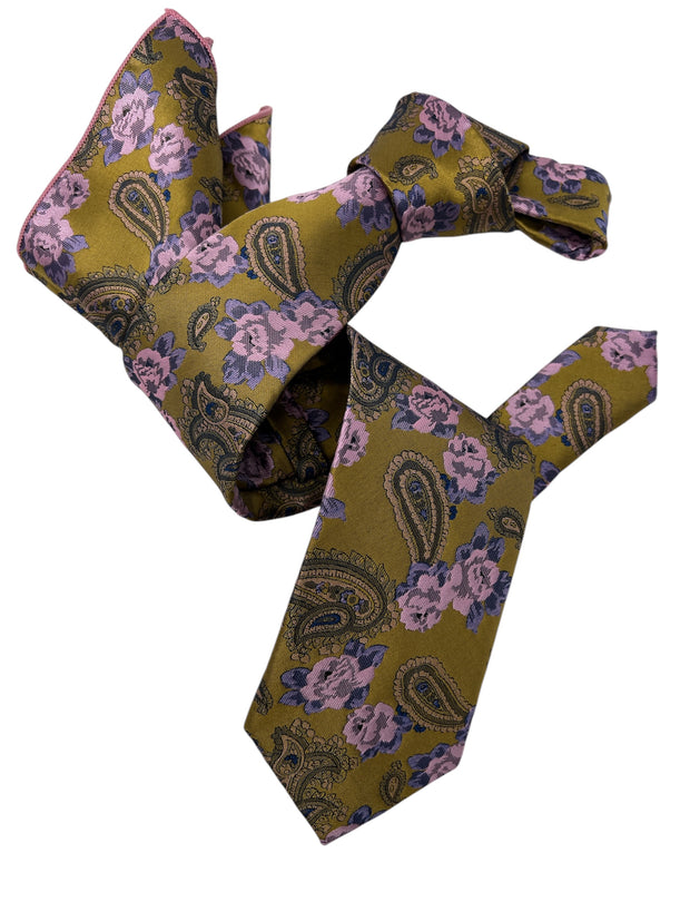 DMITRY Men's Gold Patterned Italian Silk Tie & Pocket Square Set - Limited Edition