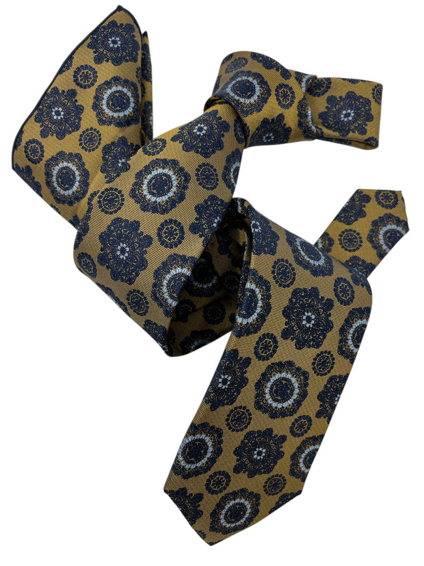 DMITRY Men's Gold/Navy Patterned Italian Silk Tie & Pocket Square Set - Limited Edition