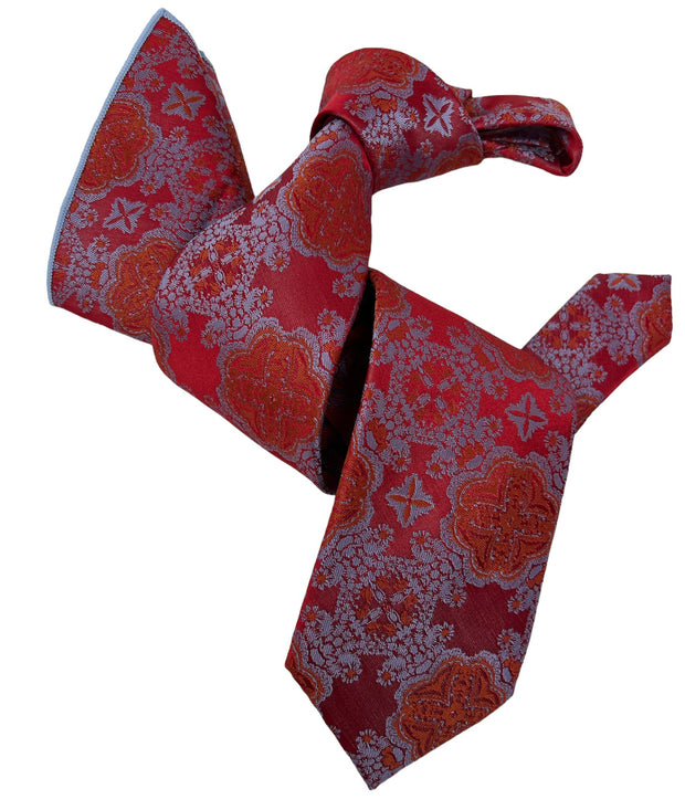 DMITRY 7-Fold Men's Coral Red Patterned Italian Silk Tie & Pocket Square Set