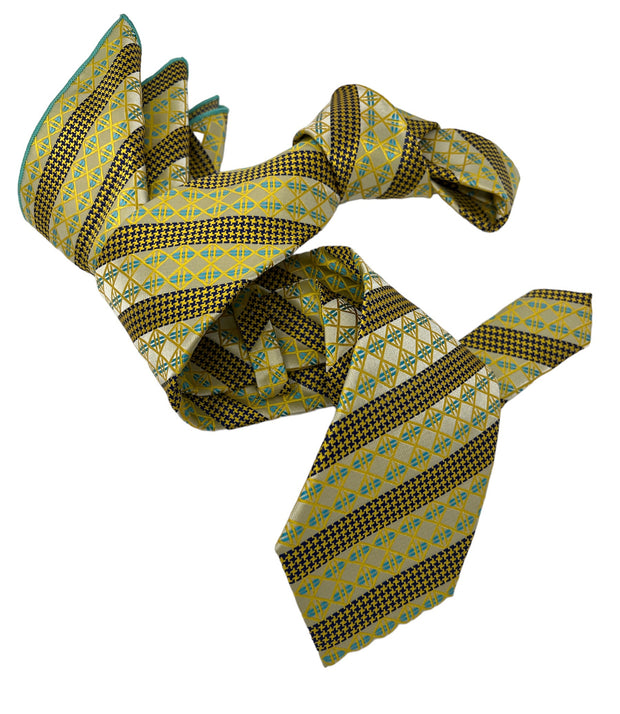 DMITRY Men's Yellow/Teal Patterned Italian Silk Tie & Pocket Square Set