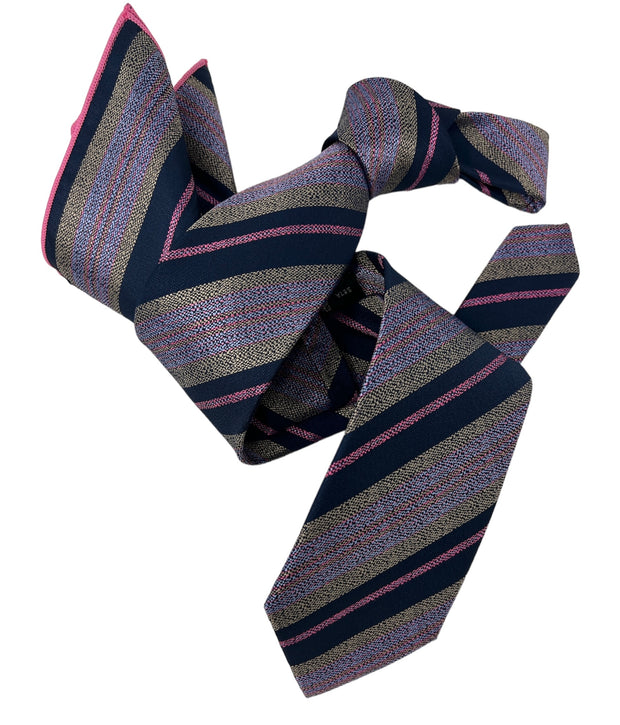 DMITRY Men's Navy Striped Italian Silk Tie & Pocket Square Set