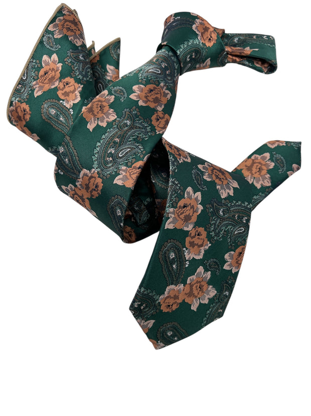 DMITRY Men's Green Patterned Italian Silk Tie & Pocket Square Set - Limited Edition