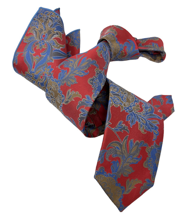 DMITRY 7-Fold Men's Coral/Blue Patterned Italian Silk Tie & Pocket Square Set