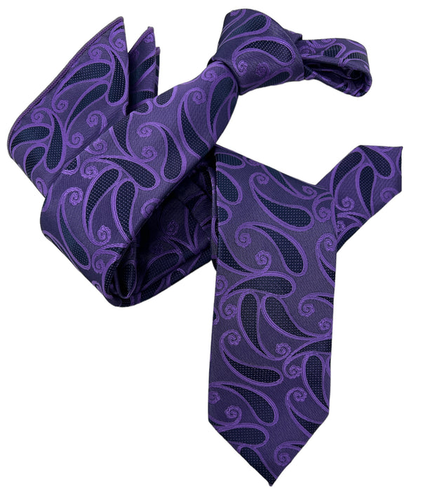 DMITRY Men's Purple Patterned Italian Silk Semi Skinny Tie & Pocket Square Set