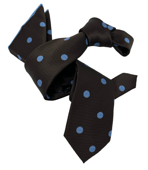DMITRY Men's Brown/Blue Polka Dot Patterned Italian Silk Tie & Pocket Square Set