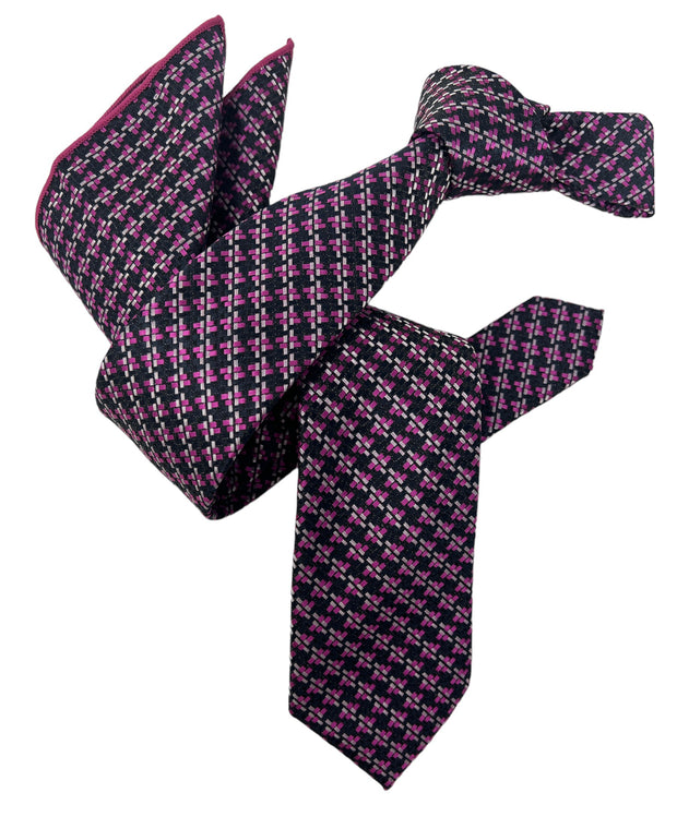 Dmitry Men's Magenta Patterned Italian Silk Semi Skinny Tie & Pocket Square Set