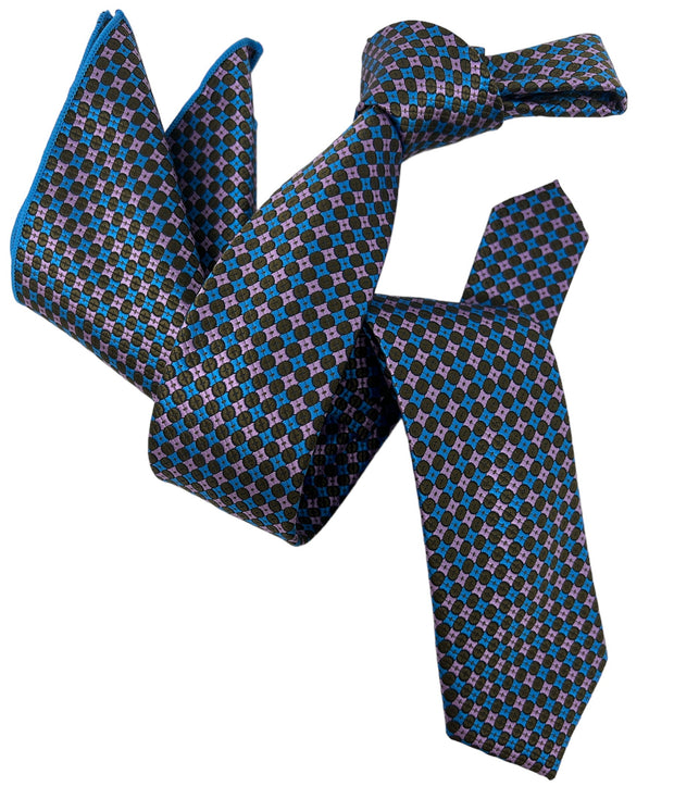 Dmitry Men's Blue/Purple Patterned Italian Silk Semi Skinny Tie & Pocket Square Set