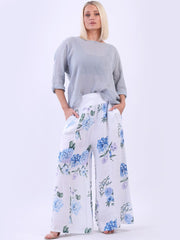 DMITRY Women's Made in Italy White Wide Leg Linen Floral Palazzo Pant