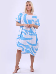 DMITRY Women's Made in Italy Blue Abstract Print Linen Dress