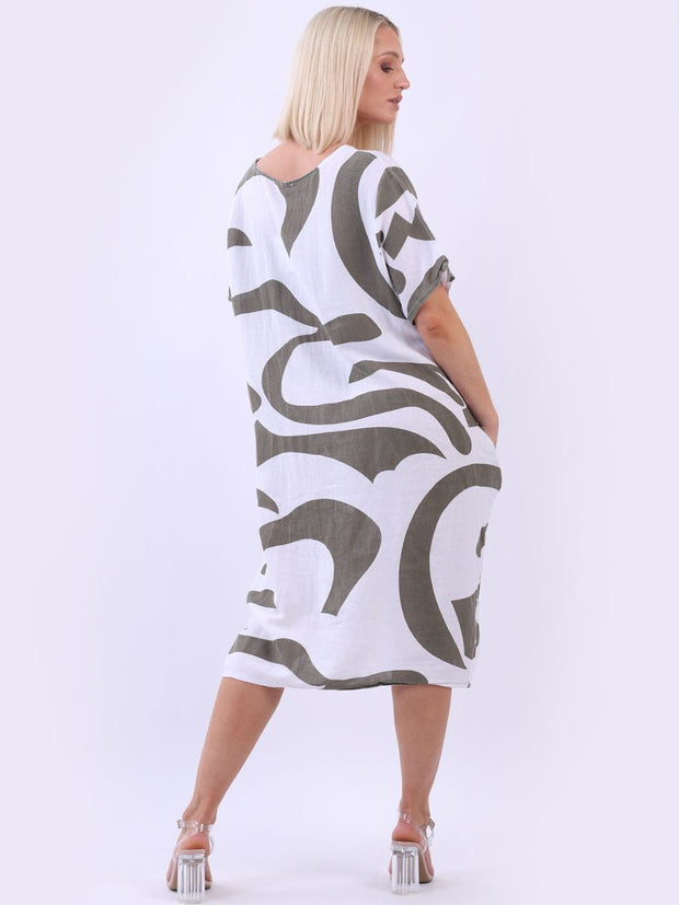 DMITRY Women's Made in Italy Khaki Abstract Print Linen Dress