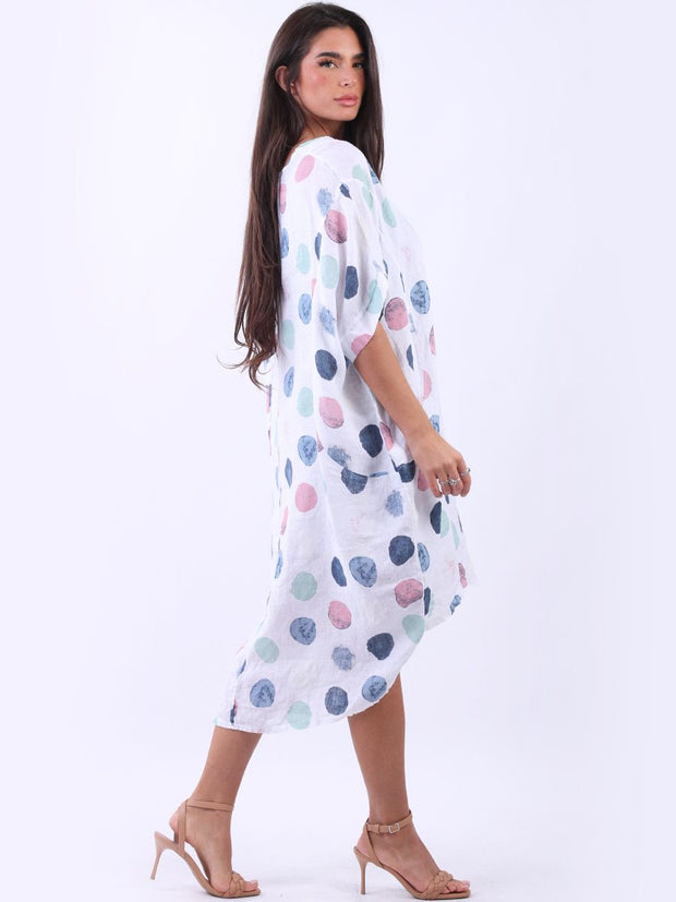 DMITRY Women's Made in Italy White Polka Dot Linen Dress