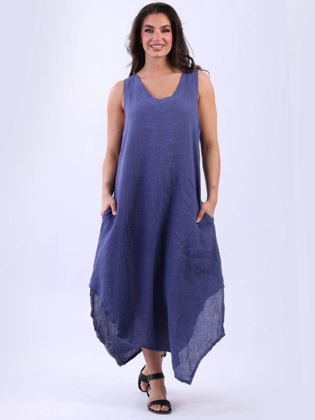 DMITRY Women's Made in Italy Blue V-Neck High Low Solid Linen Tank Dress