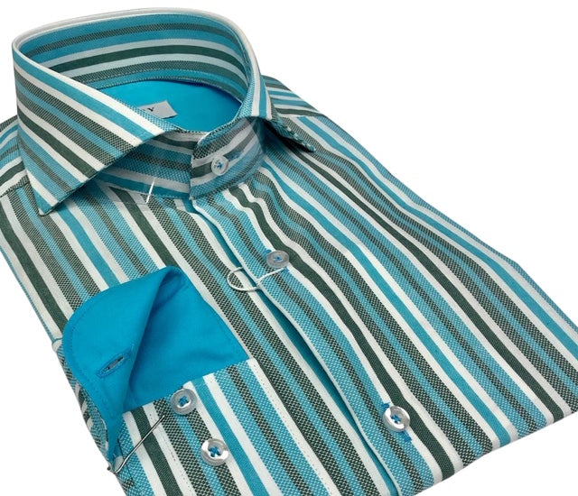 Dmitry Italian Teal Striped Cotton Men's Long Sleeve Shirt M 15-15.5 32/33 Dmitry Italian Teal Striped Cotton Men's Long Sleeve Shirt M 15-15.5 32/33
