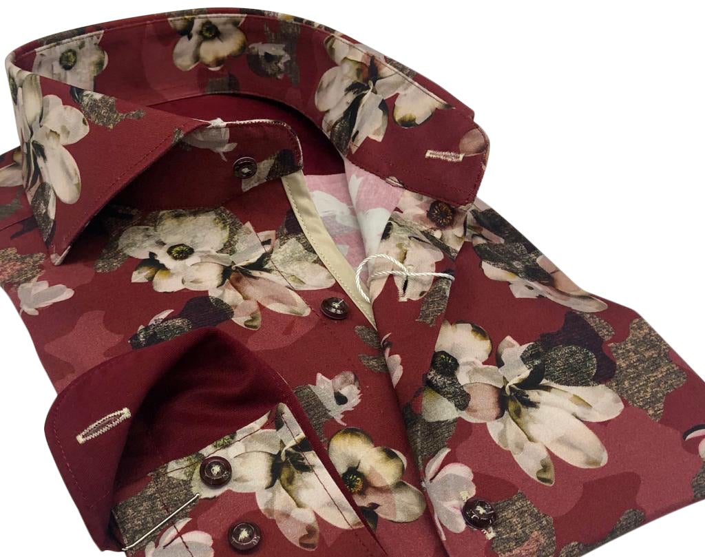 DMITRY Italian Burgundy Floral Cotton Men's Long Sleeve Shirt XXL 18-18.5 36/37