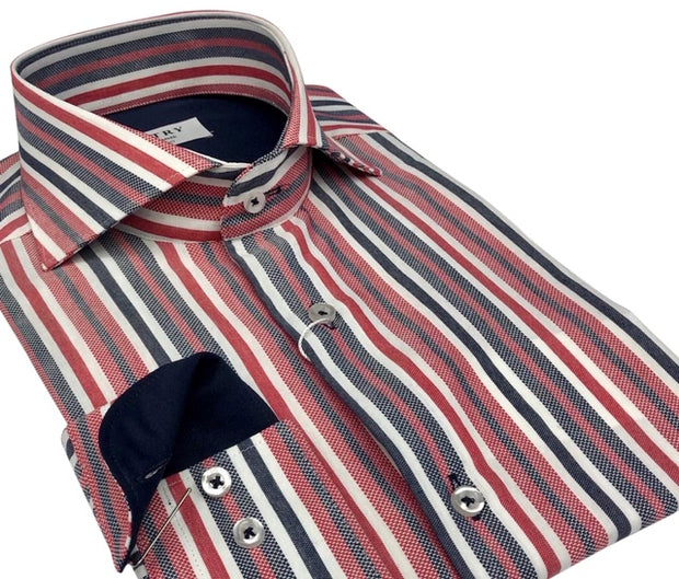 DMITRY Italian Red Striped Cotton Men's Long Sleeve Shirt