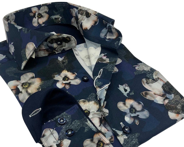 DMITRY Italian Navy Floral Cotton Men's Long Sleeve Shirt
