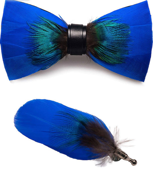 Handmade Feather Pre-Tied Bow Tie & Lapel Pin Set