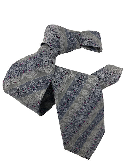 DMITRY Men's 7-Fold Grey Patterned Italian Silk Tie