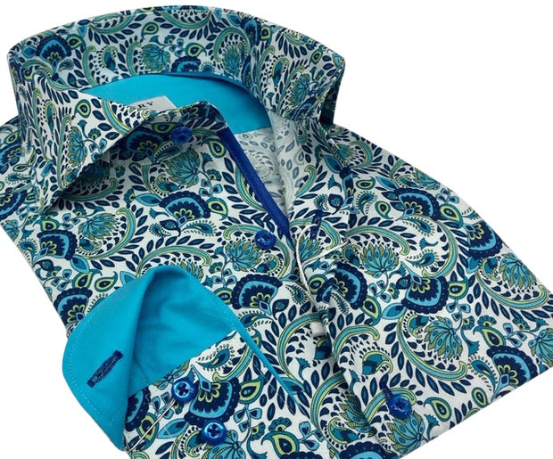 DMITRY Italian Blue Patterned Cotton Men's Long Sleeve Shirt