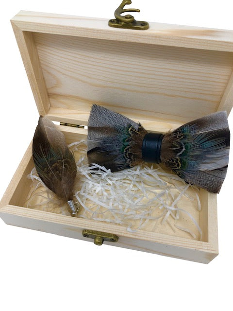 Handmade Feather Brown/Grey Patterned Pre-Tied Bow Tie & Lapel Pin Set