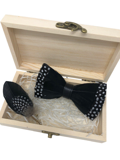 Handmade Feather Black Patterned Pre-Tied Bow Tie & Lapel Pin Set