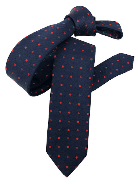 DMITRY Men's Navy/Red Polka Dot Patterned Italian Silk Skinny Tie