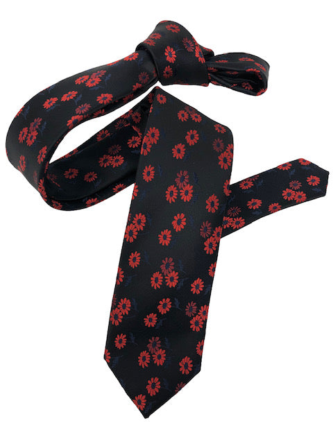 DMITRY Men's Black/Red Patterned Italian Silk Skinny Tie