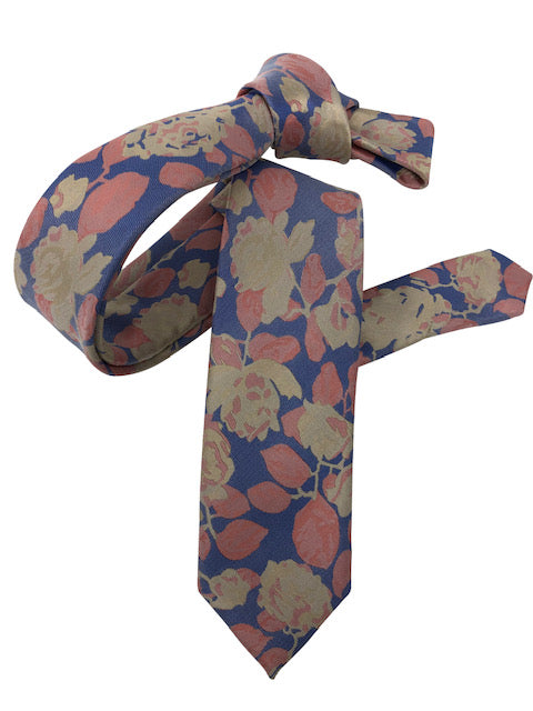 DMITRY Men's Coral/Blue Floral Italian Silk Skinny Tie