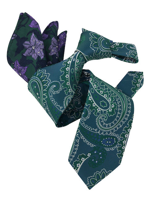 DMITRY 7-Fold Men's Green Paisley Italian Silk Tie & Pocket Square Set
