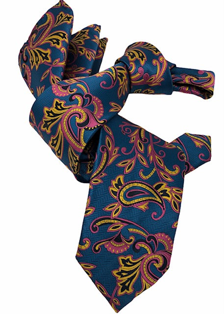 DMITRY 7-Fold Men's Teal Patterned Italian Silk Tie & Pocket Square Set