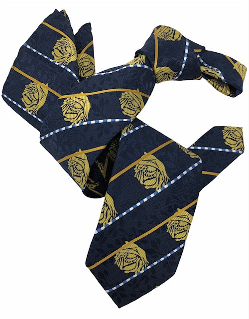 DMITRY Men's Navy/Yellow Patterned Italian Silk Tie & Pocket Square Set