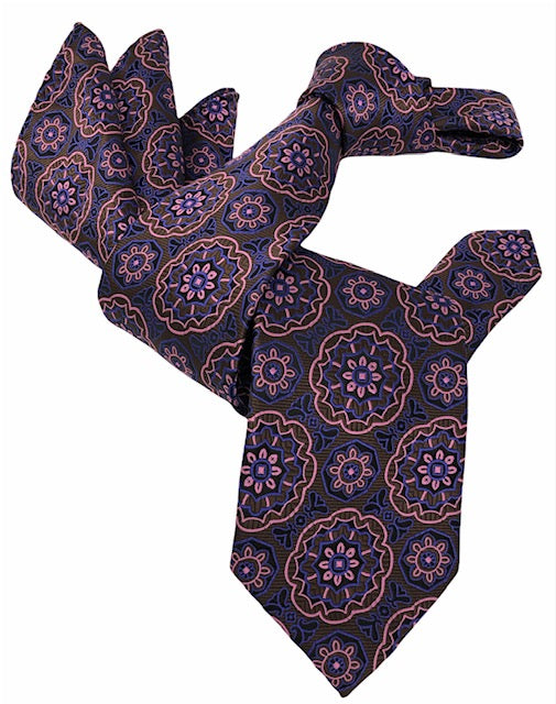 DMITRY 7-Fold Men's Brown Patterned Italian Silk Tie & Pocket Square Set