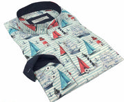 DMITRY Men's "Sailboats" Mandarin Collar Cotton Long Sleeve Shirt (Online Exclusive)