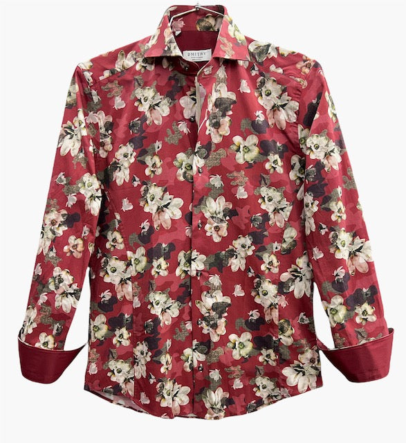 Dmitry Italian Burgundy Floral Cotton Men's Long Sleeve Shirt XXL 18-18.5 36/37 Dmitry Italian Burgundy Floral Cotton Men's Long Sleeve Shirt XXL 18-18.5 36/37
