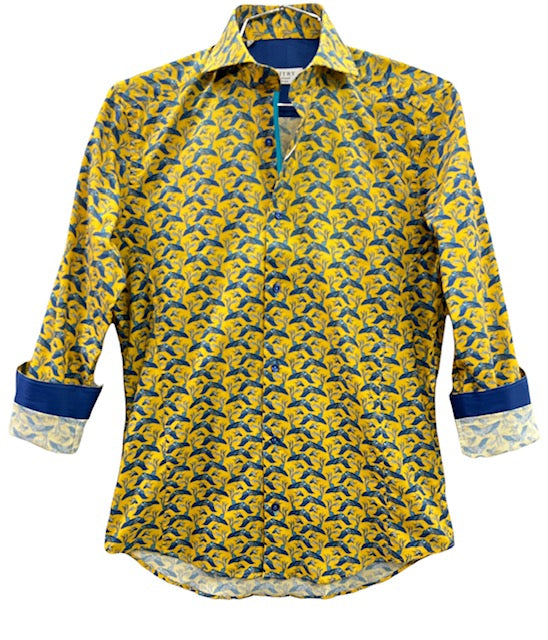 DMITRY Italian Yellow Patterned Cotton Men's Long Sleeve Shirt