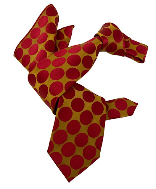 DMITRY 7-Fold Men's Red/Gold Polka Dot Italian Silk Tie & Pocket Square Set