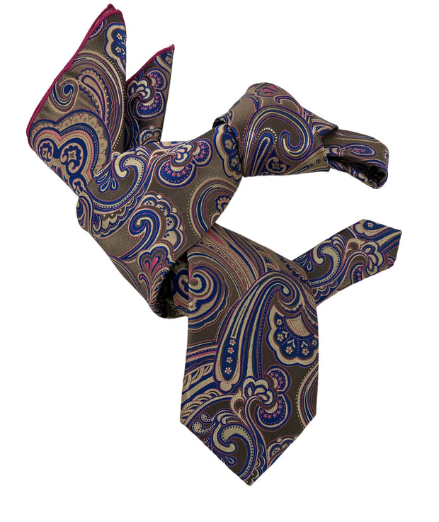 DMITRY 7-Fold Men's Taupe Patterned Italian Silk Tie & Pocket Square Set