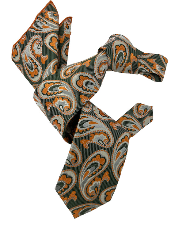 DMITRY 7-Fold Men's Green/Orange Patterned Italian Silk Tie & Pocket Square Set