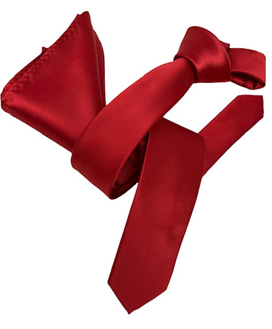 Dmitry Men's Solid Red Italian Silk Skinny Tie & Pocket Square Set