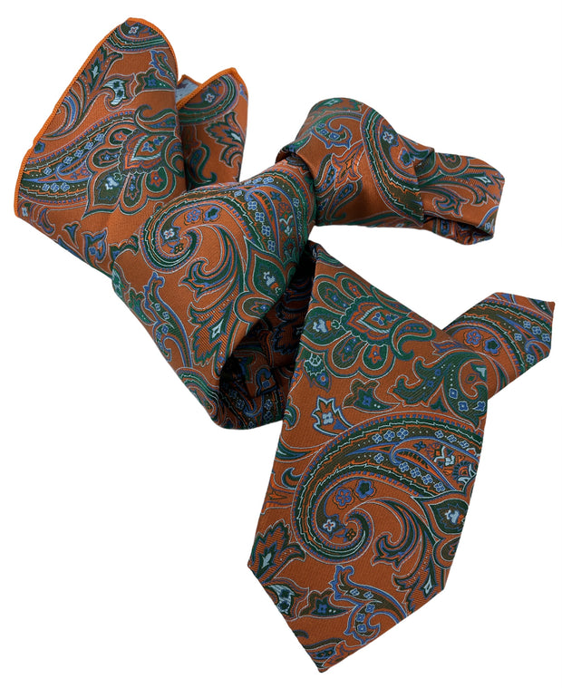 DMITRY 7-Fold Men's Orange Patterned Italian Silk Tie & Pocket Square Set