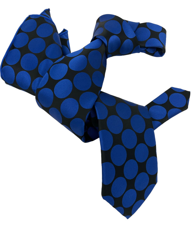 DMITRY 7-Fold Men's Blue/Black Polka Dot Italian Silk Tie & Pocket Square Set