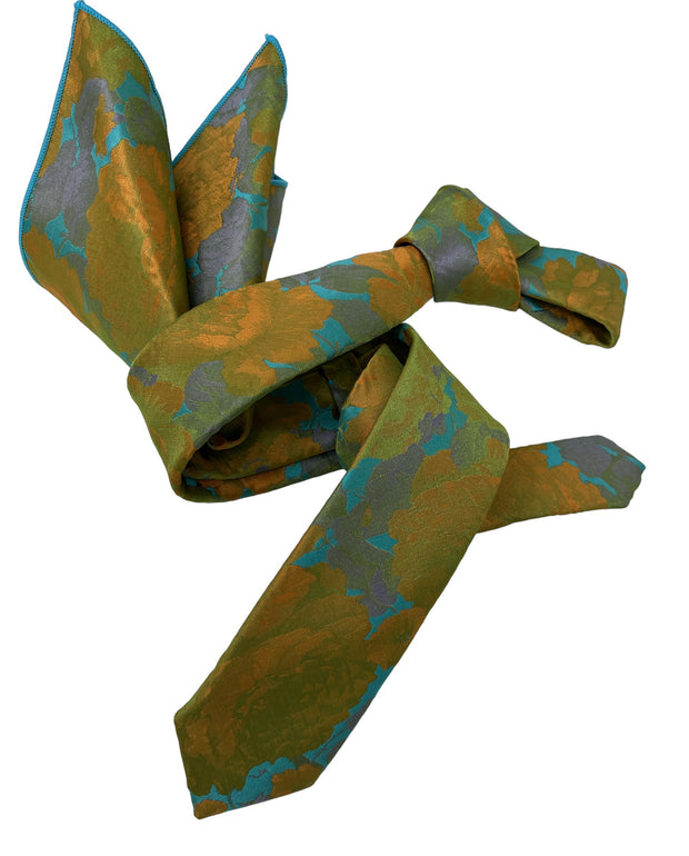 Dmitry Men's Teal/Orange Patterned Italian Silk Skinny Tie & Pocket Square Set