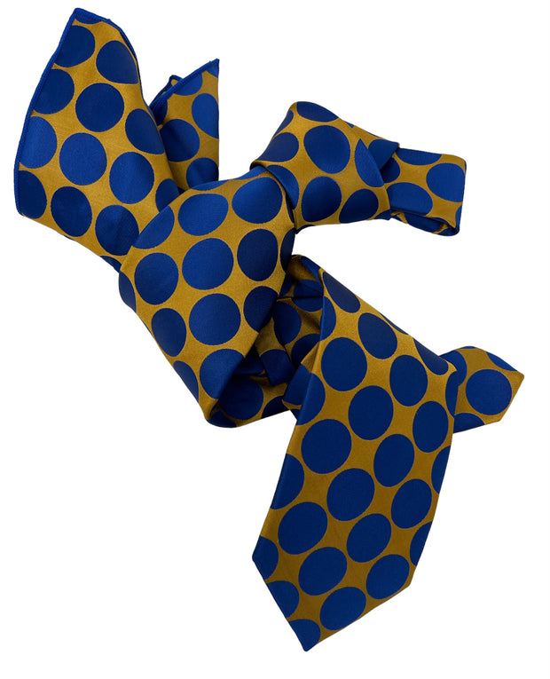 DMITRY 7-Fold Men's Blue/Gold Polka Dot Patterned Italian Silk Tie & Pocket Square Set