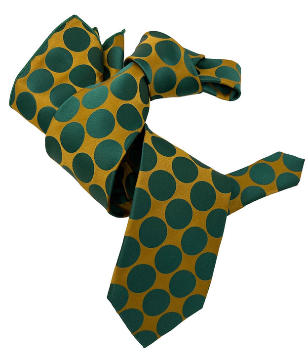 DMITRY 7-Fold Men's Green/Gold Polka Dot Italian Silk Tie & Pocket Square Set