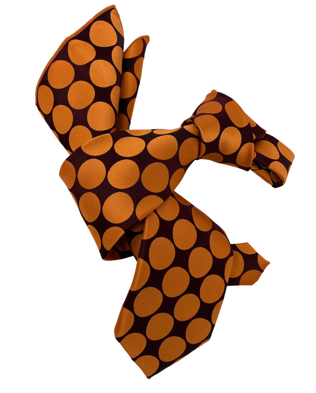 DMITRY 7-Fold Men's Orange/Burgundy Polka Dot Patterned Italian Silk Tie & Pocket Square Set